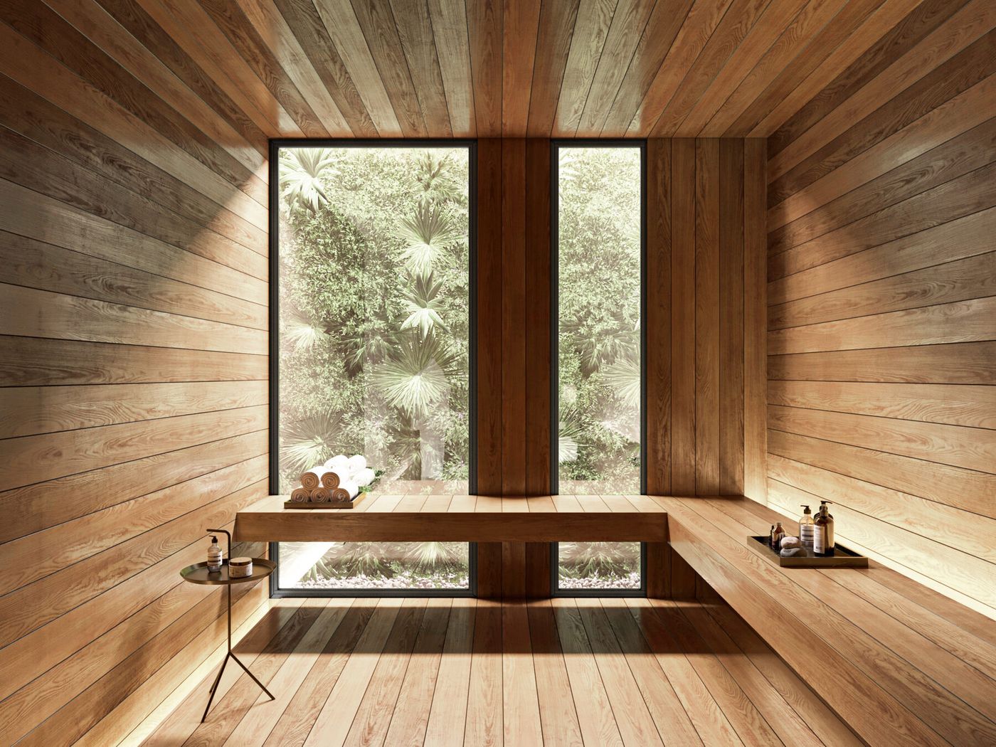 AL750 fixed windows framing a garden view in a cedar sauna