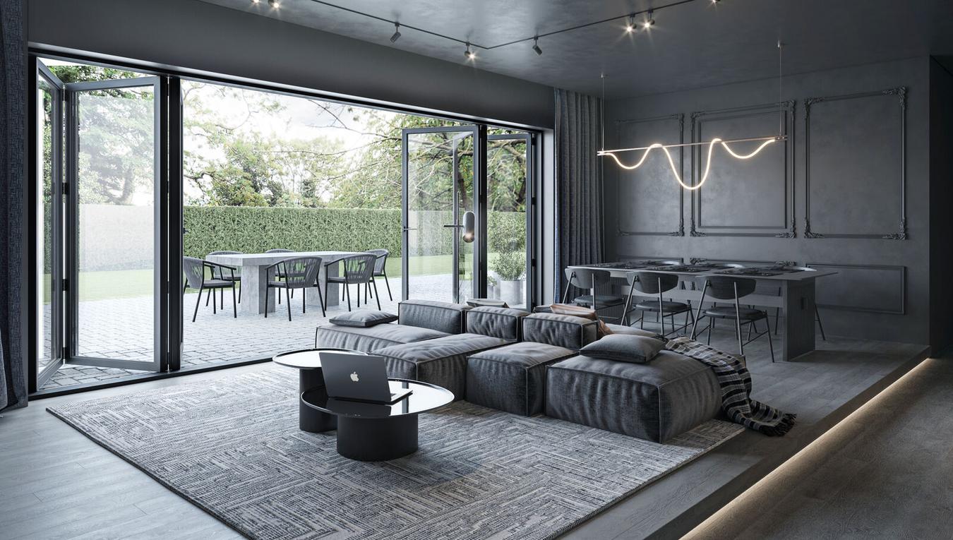 Bi-folding doors folded open across a modern home exterior