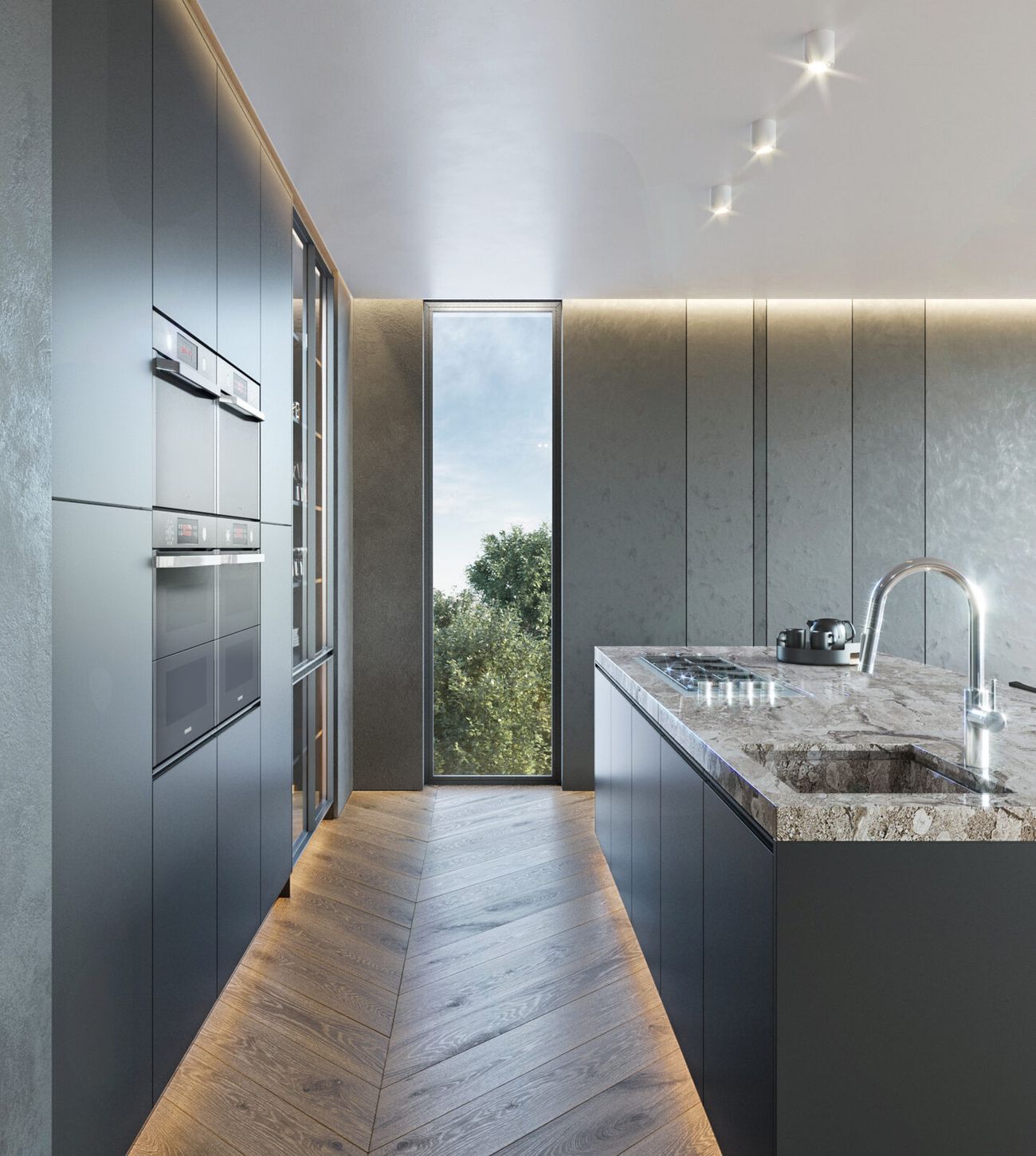 Slim fixed picture window in a modern kitchen